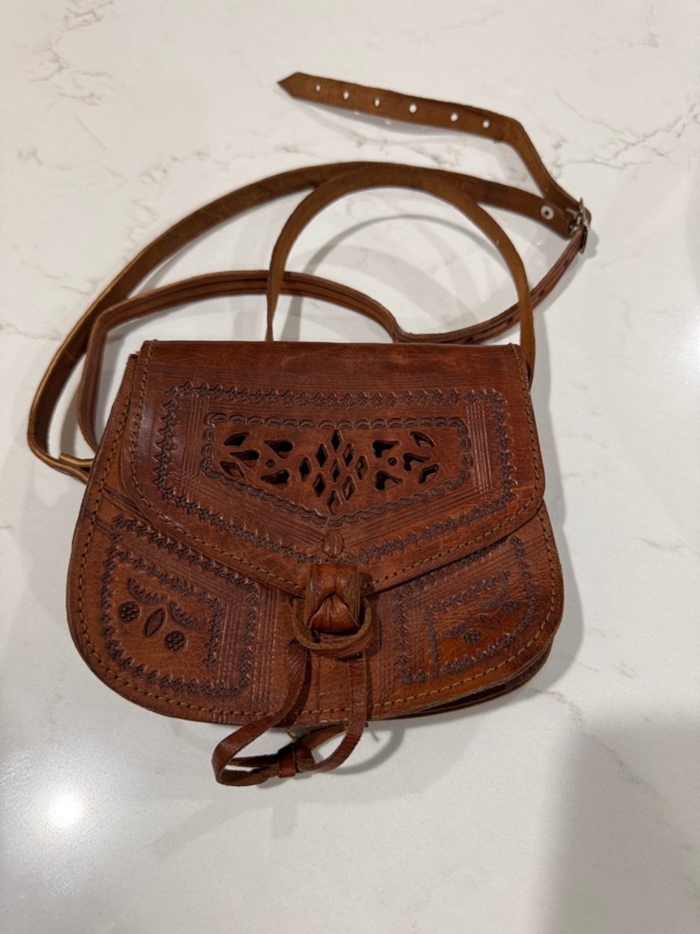Hand Crafted Tan Leather Crossbody with Cutout & Knotted Strap